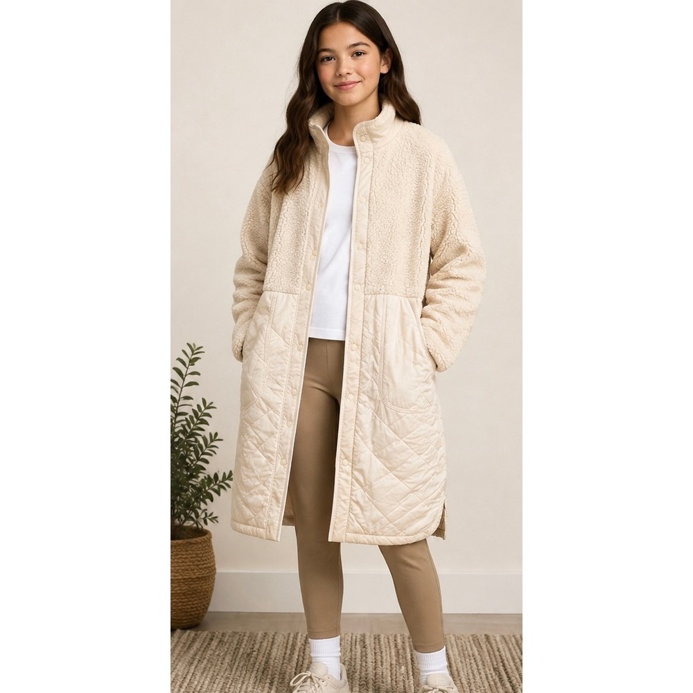 Athleta Girl XXL 16 Sherpa Quilted Long Jacket Cream Mixed Media Snap Coat